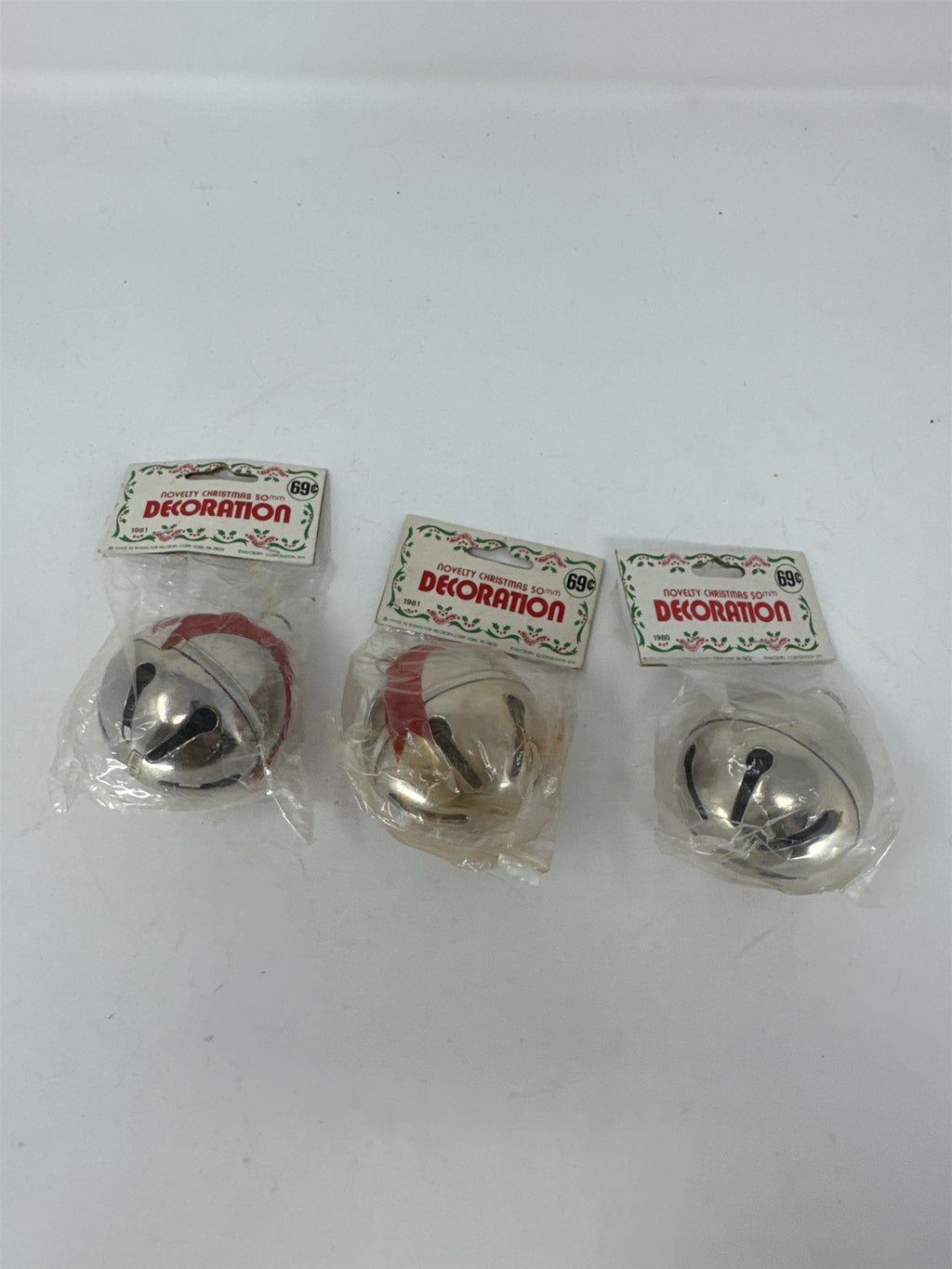 Lot of 3 Vintage 1980 1981 McCrory Christmas Jingle Bell Ornaments 50mm Taiwan