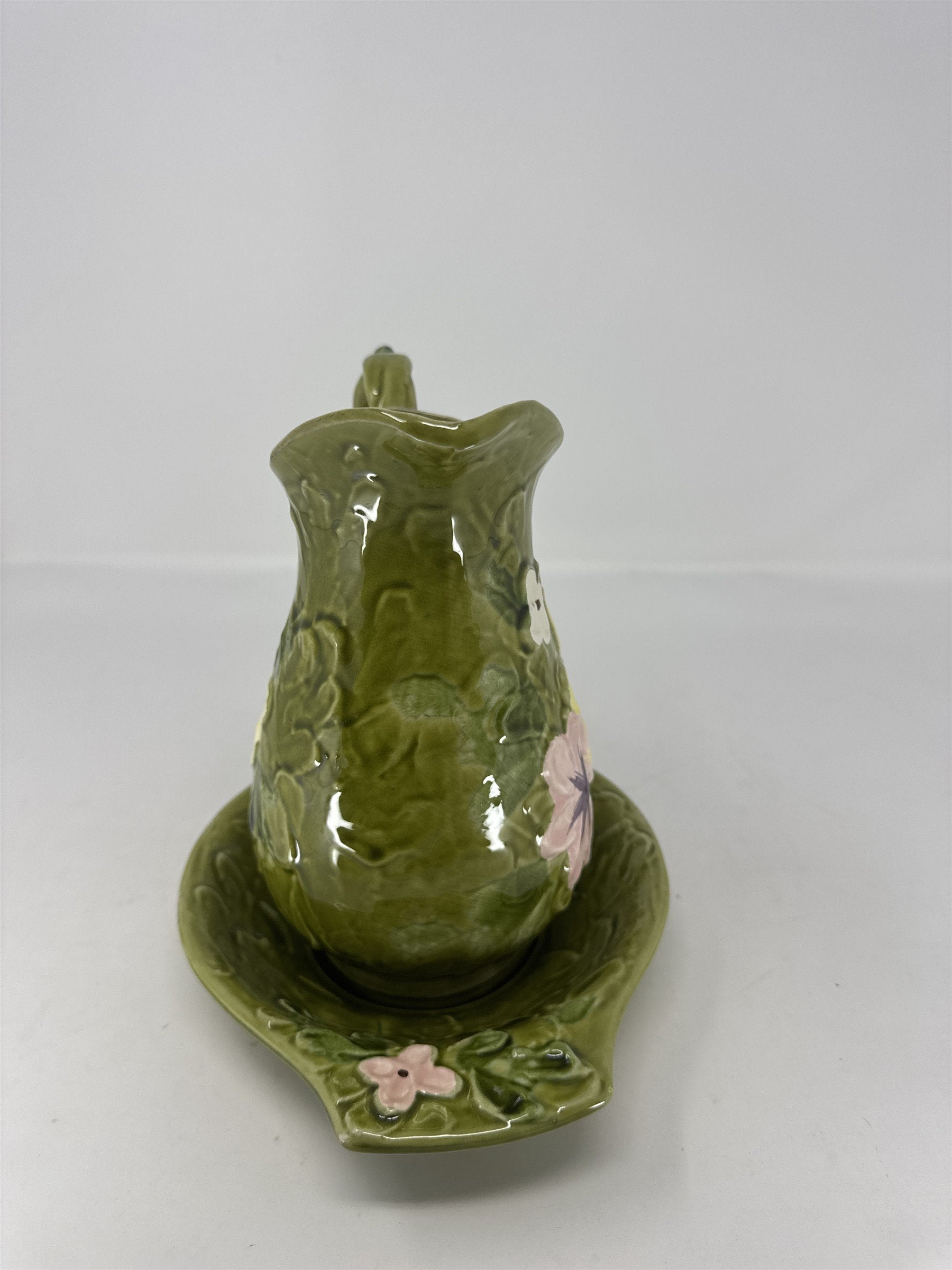 C-7817 Green Floral Pitcher and Washbowl Basin Set Vtg Ceramic