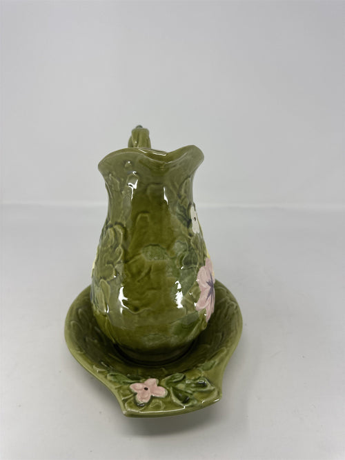 C-7817 Green Floral Pitcher and Washbowl Basin Set Vtg Ceramic