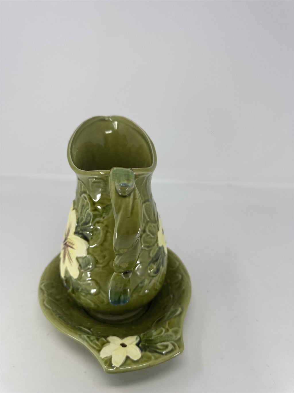 C-7817 Green Floral Pitcher and Washbowl Basin Set Vtg Ceramic