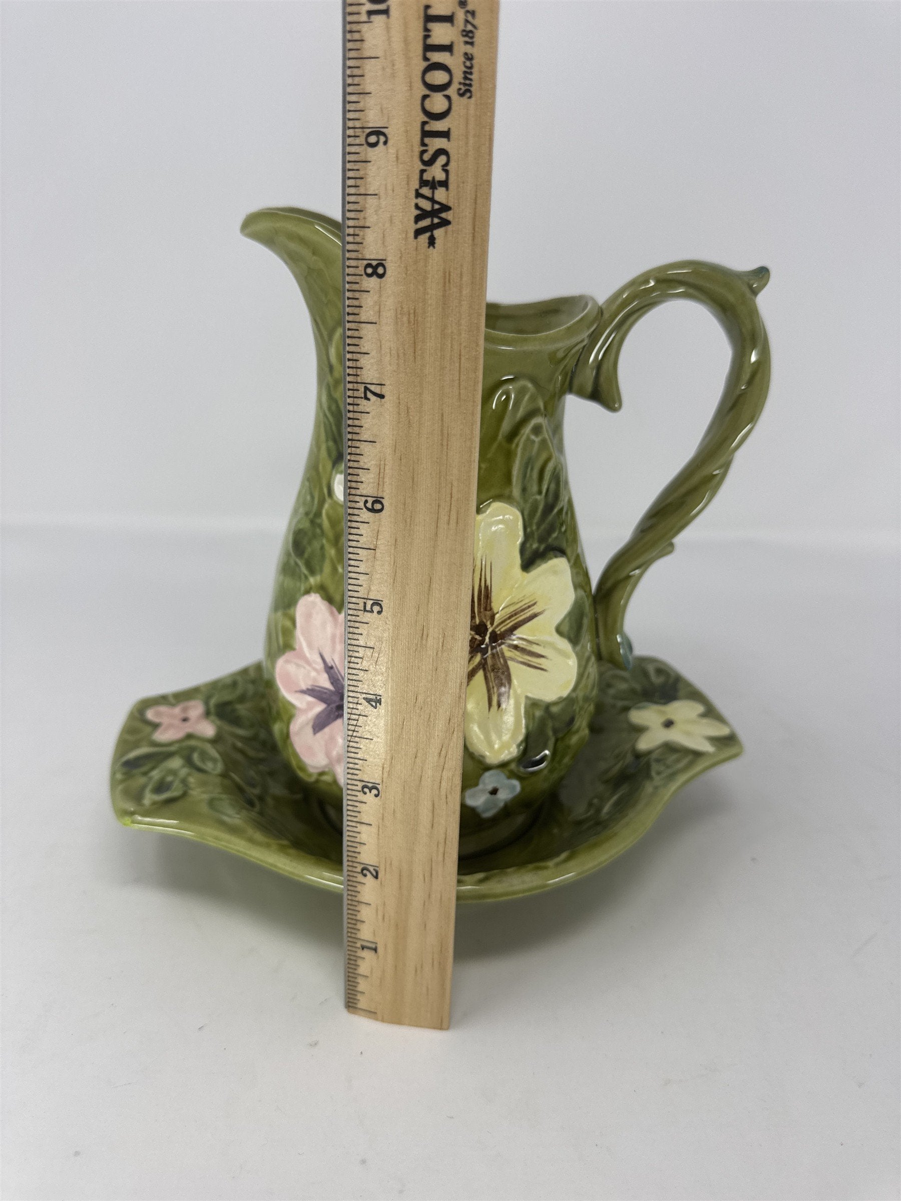 C-7817 Green Floral Pitcher and Washbowl Basin Set Vtg Ceramic