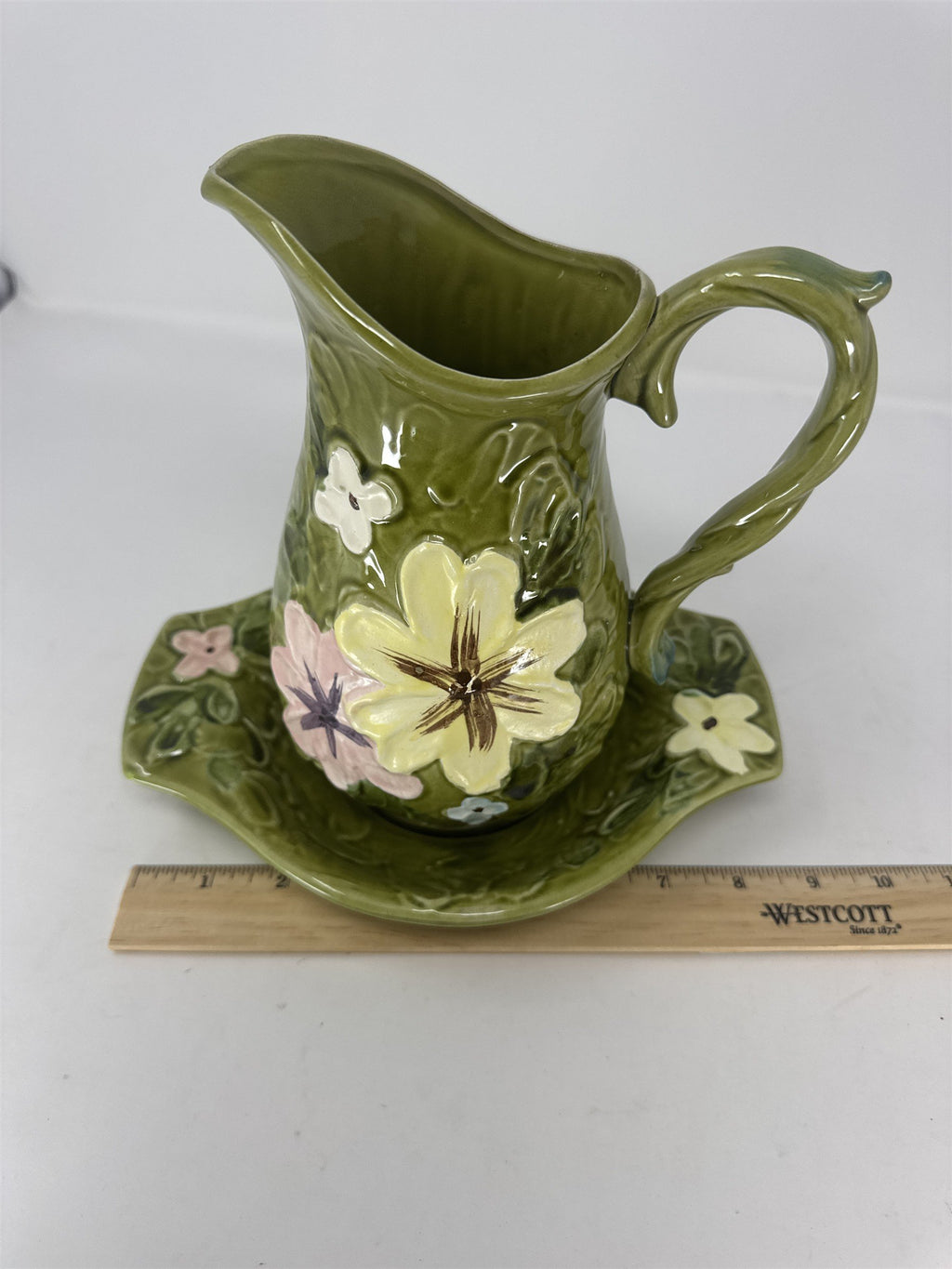C-7817 Green Floral Pitcher and Washbowl Basin Set Vtg Ceramic