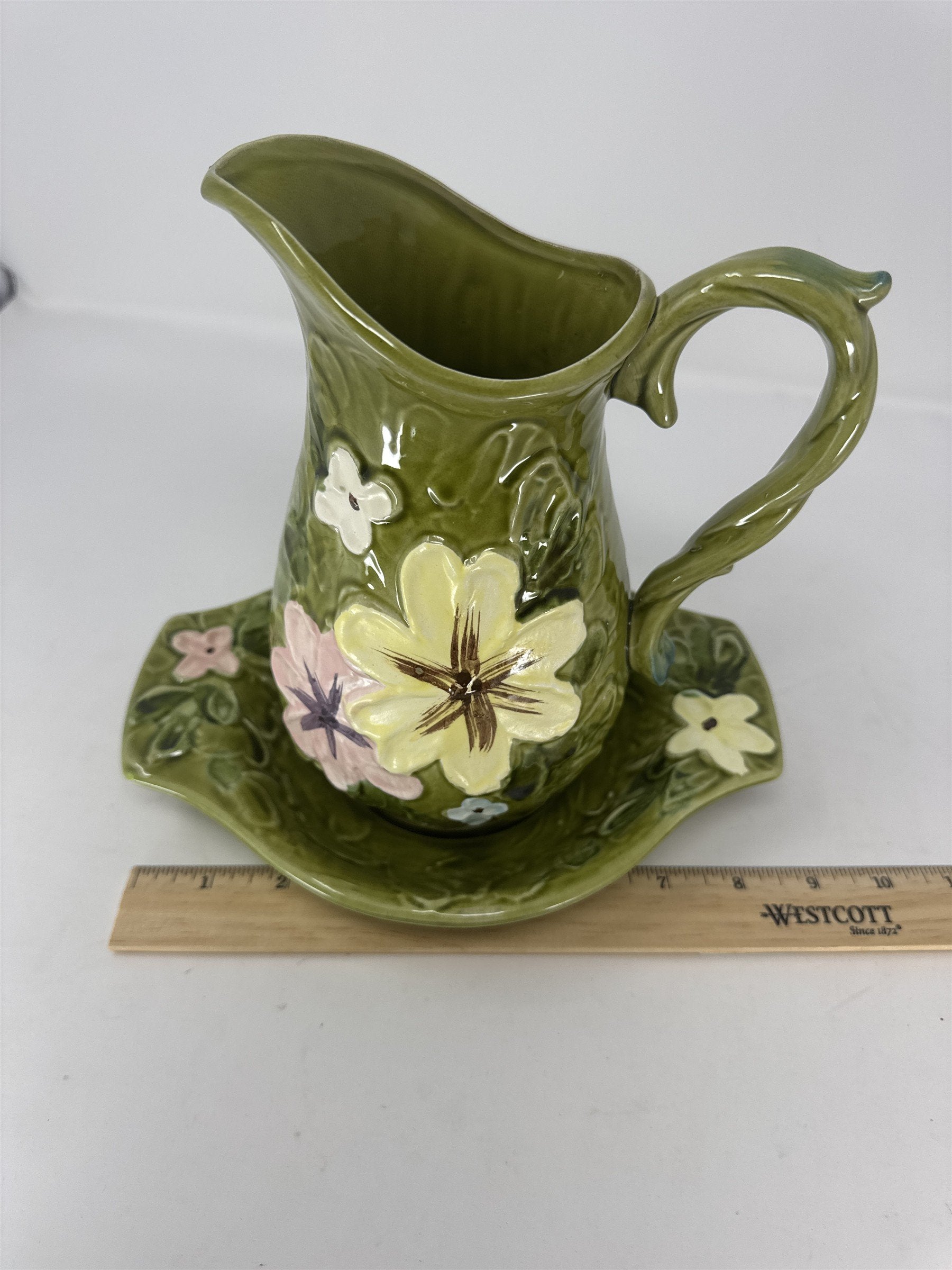 C-7817 Green Floral Pitcher and Washbowl Basin Set Vtg Ceramic
