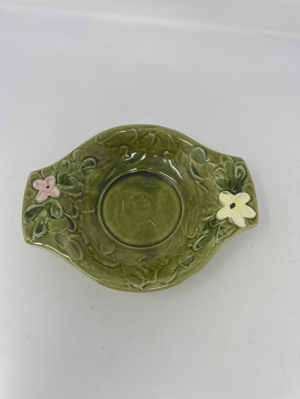C-7817 Green Floral Pitcher and Washbowl Basin Set Vtg Ceramic