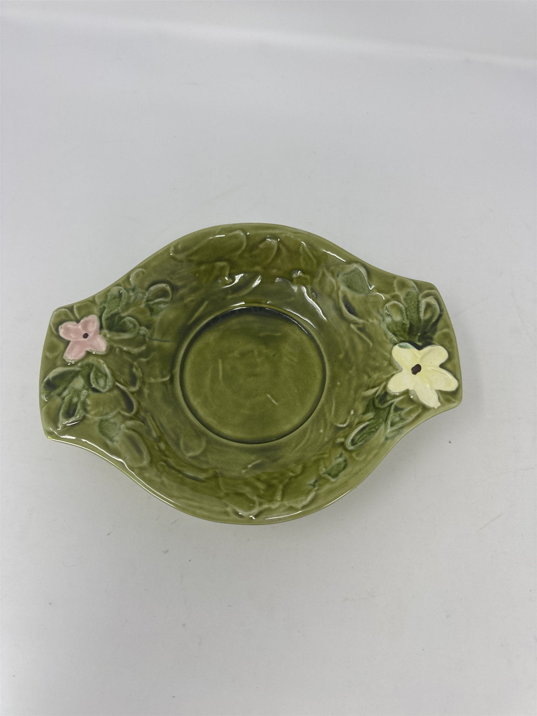 C-7817 Green Floral Pitcher and Washbowl Basin Set Vtg Ceramic