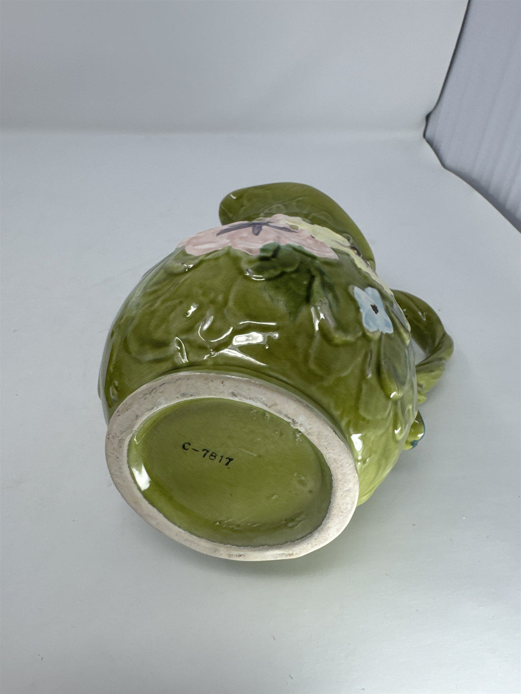 C-7817 Green Floral Pitcher and Washbowl Basin Set Vtg Ceramic