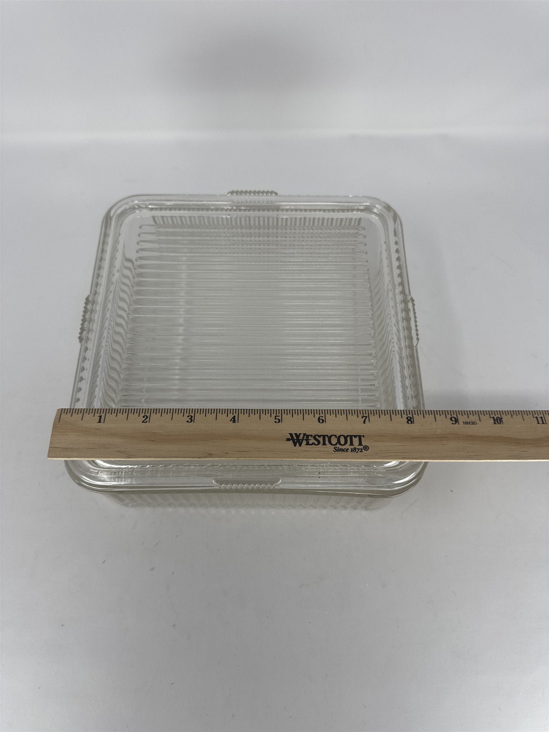 Vtg Federal Glass 8.5" Square Ribbed Clear Glass Refrigerator Dish with Lid
