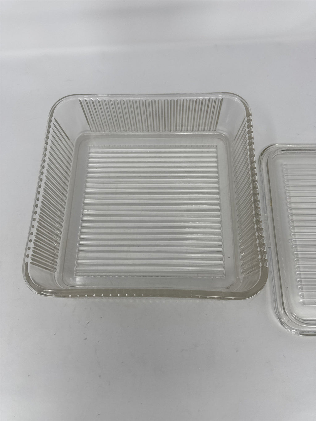 Vtg Federal Glass 8.5" Square Ribbed Clear Glass Refrigerator Dish with Lid