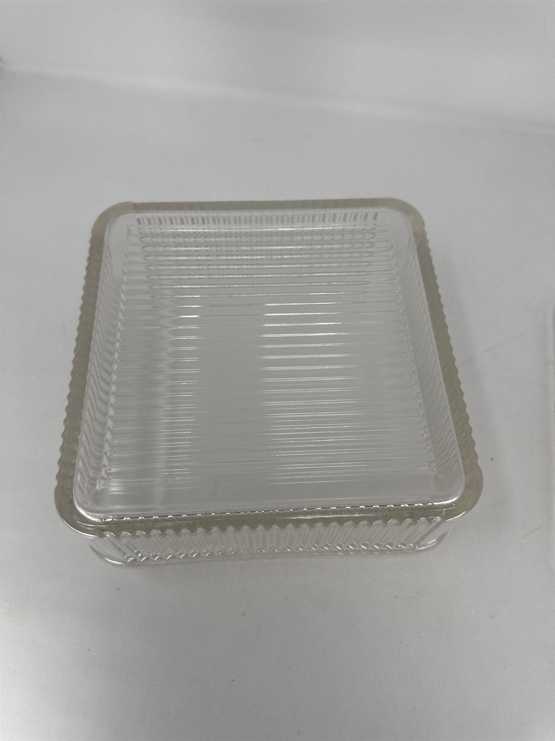 Vtg Federal Glass 8.5" Square Ribbed Clear Glass Refrigerator Dish with Lid