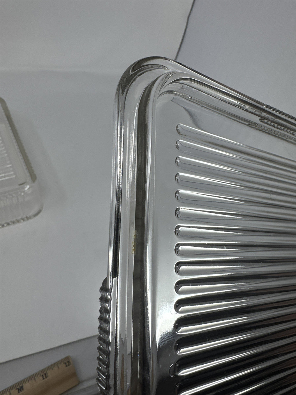 Vtg Federal Glass 8.5" Square Ribbed Clear Glass Refrigerator Dish with Lid