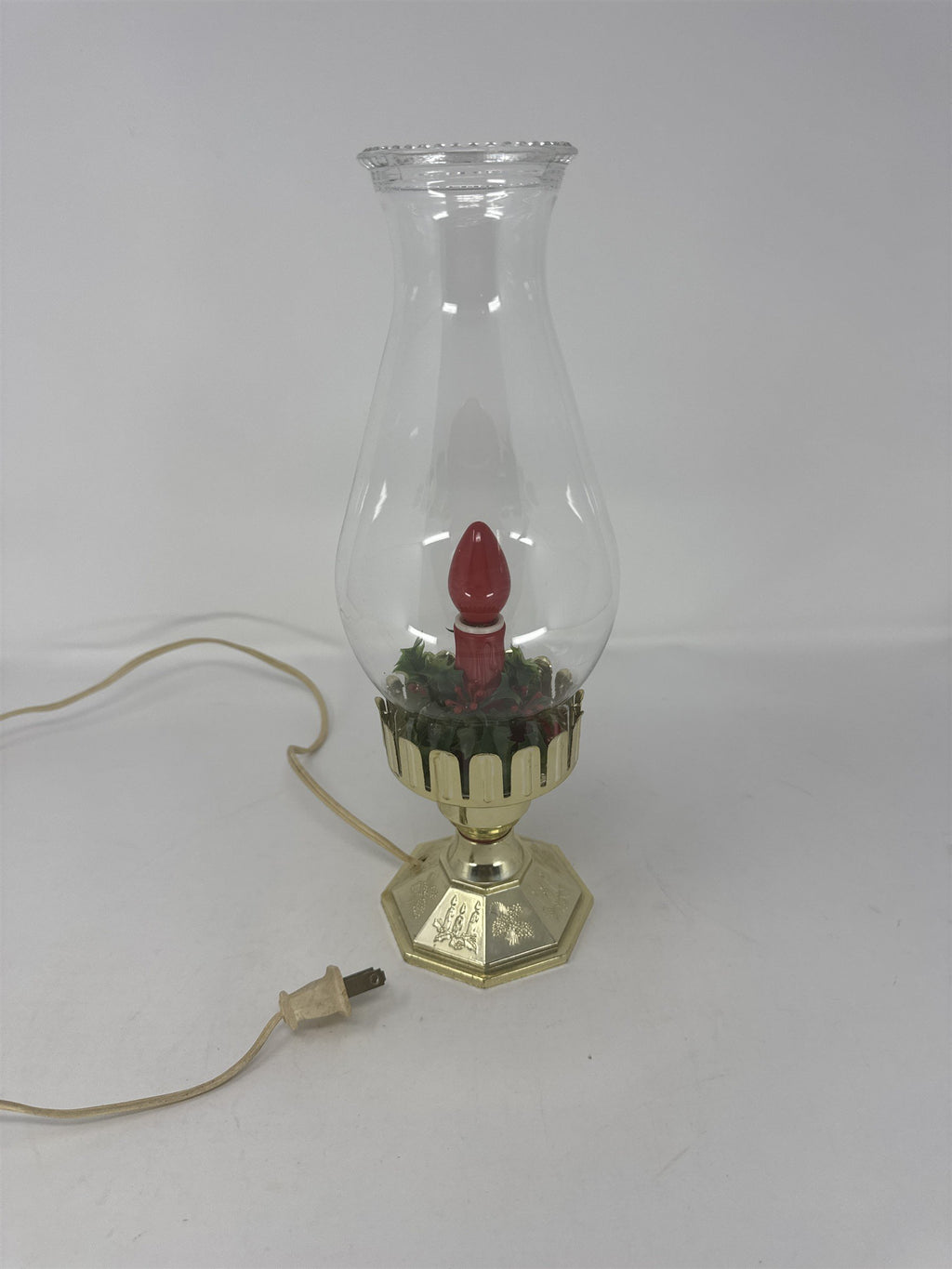 Vtg MCM 13" Electric Hurricane Candle Lamp Glass Lantern Gold Plastic Base Holly