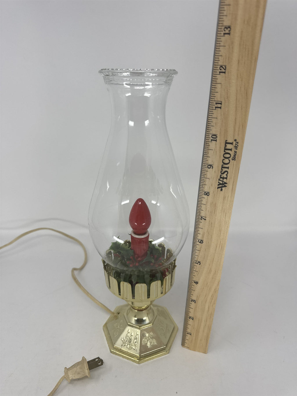 Vtg MCM 13" Electric Hurricane Candle Lamp Glass Lantern Gold Plastic Base Holly