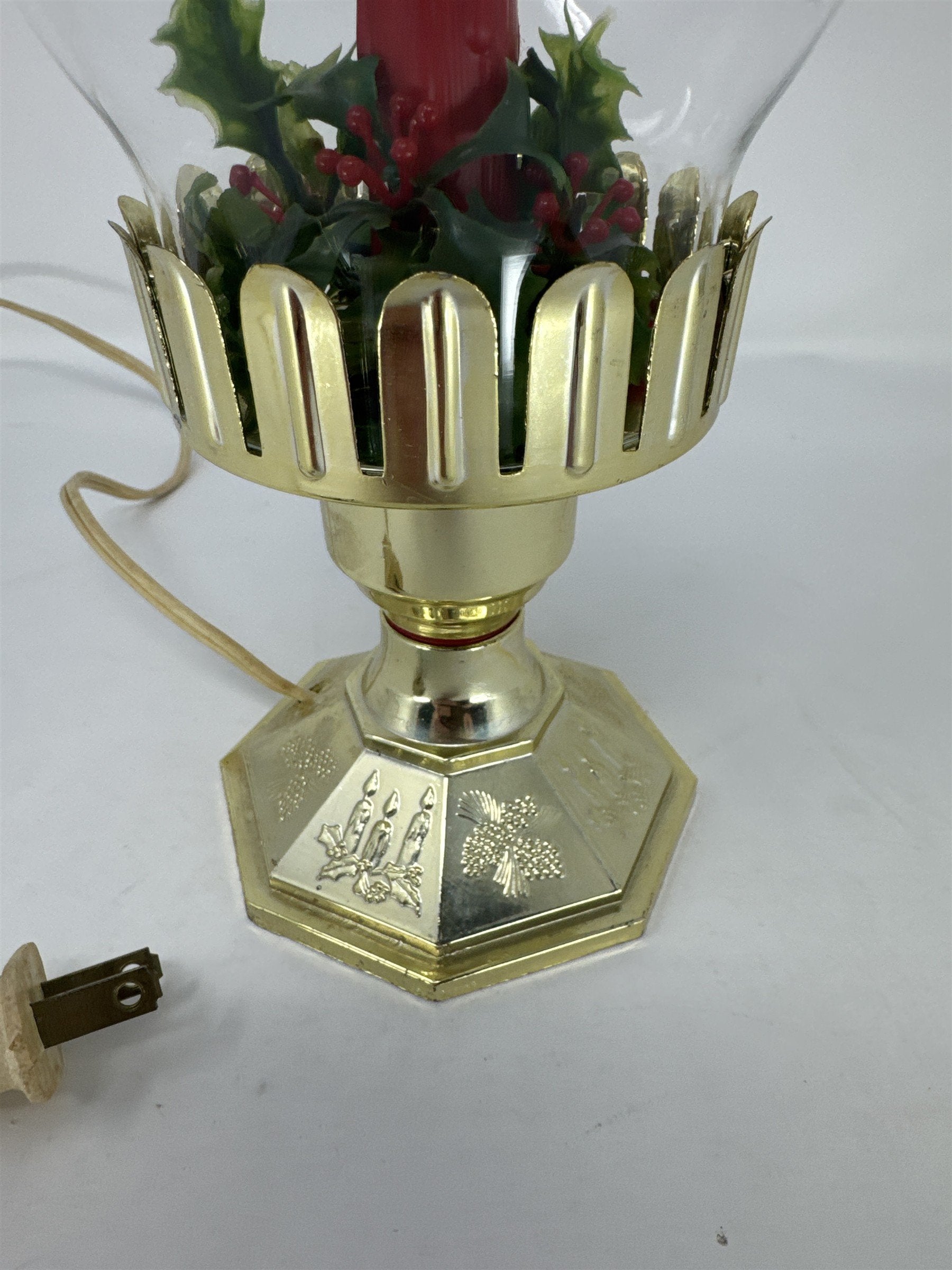 Vtg MCM 13" Electric Hurricane Candle Lamp Glass Lantern Gold Plastic Base Holly