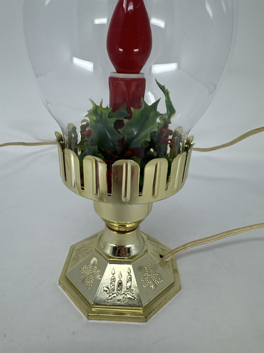 Vtg MCM 13" Electric Hurricane Candle Lamp Glass Lantern Gold Plastic Base Holly
