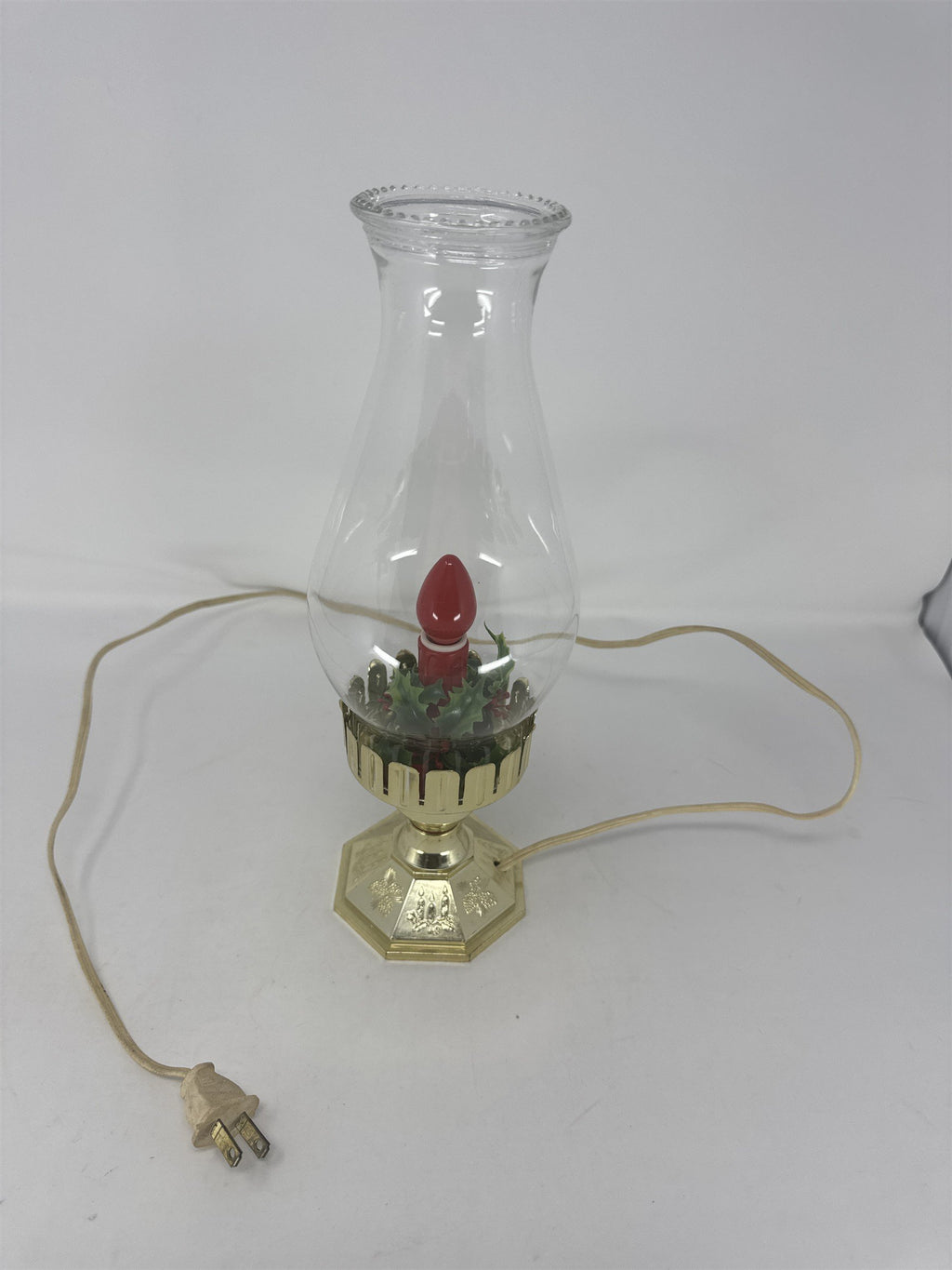Vtg MCM 13" Electric Hurricane Candle Lamp Glass Lantern Gold Plastic Base Holly