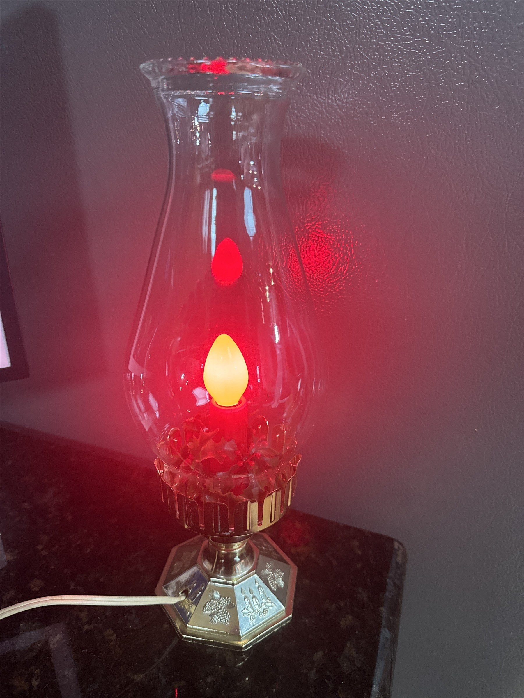 Vtg MCM 13" Electric Hurricane Candle Lamp Glass Lantern Gold Plastic Base Holly