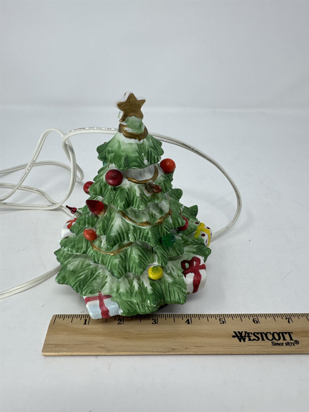 Vintage Ceramic Lighted Christmas Tree Miniature Presents Ornaments Star Topper