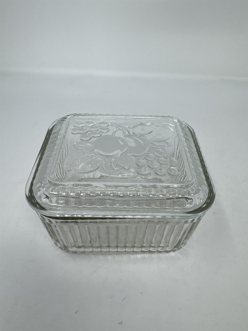 Vtg Glass Fruit Harvest Ribbed Clear Refrigerator Dish with Lid