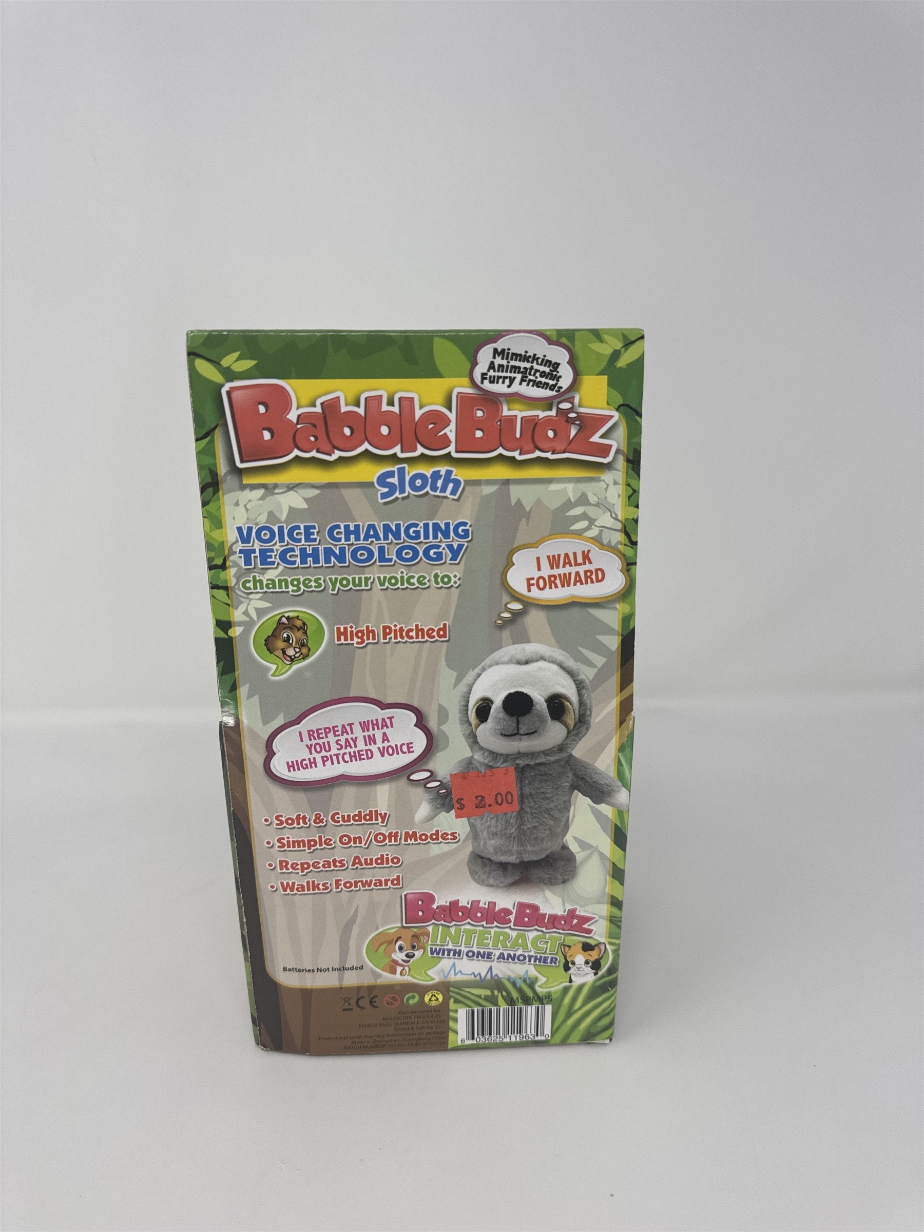 Babble Budz Sloth Mimicking Talk Back Animatronic Plush Toy Gray