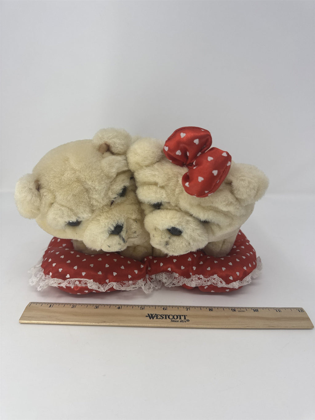 Vtg Valentines Day Throw Pillow Puppies Dogs Heart Doily Lace Felt Plush
