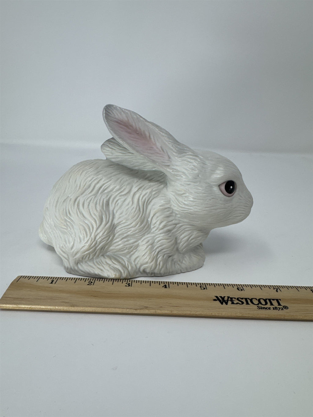 Vtg White Rabbit Bunny Figurine Ceramic Textured Fur Pink Ears Thailand