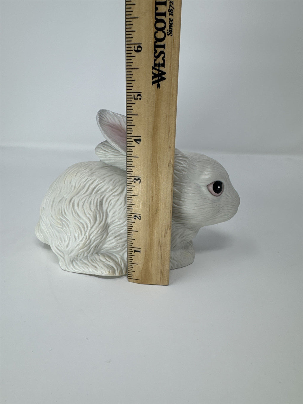 Vtg White Rabbit Bunny Figurine Ceramic Textured Fur Pink Ears Thailand