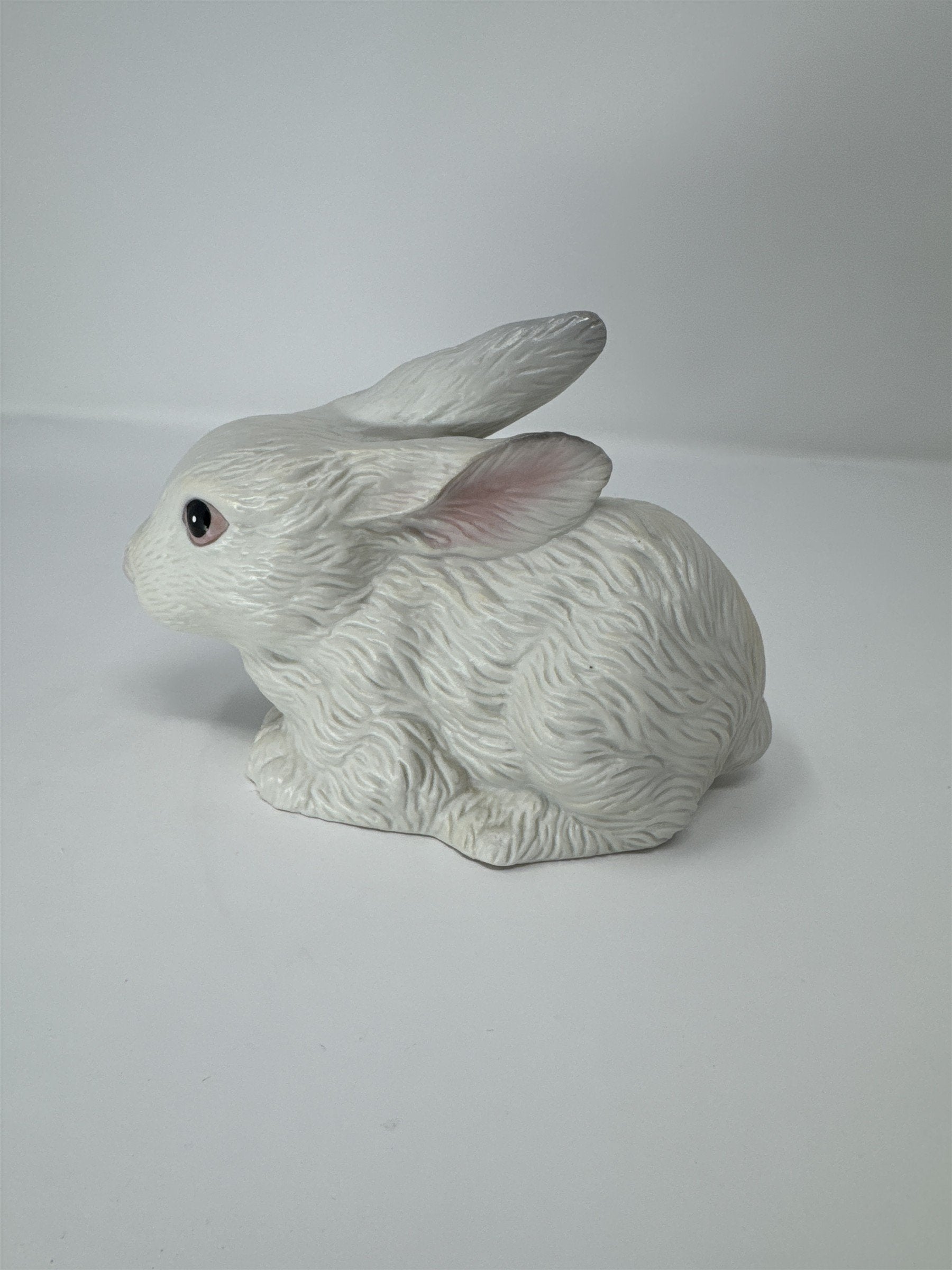 Vtg White Rabbit Bunny Figurine Ceramic Textured Fur Pink Ears Thailand
