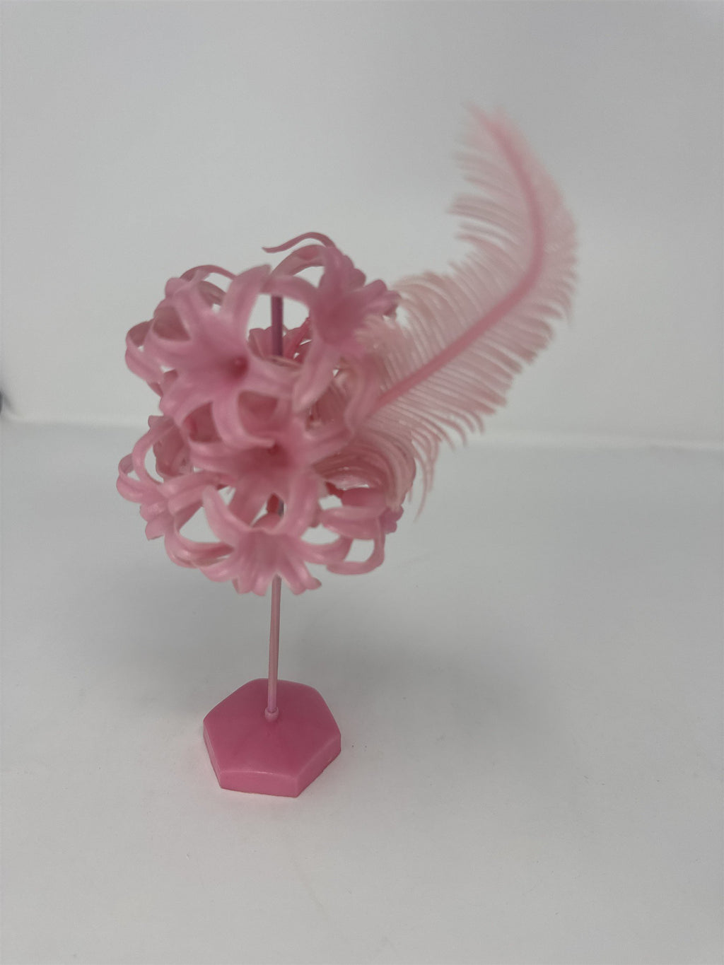 Vtg Hong Kong Style Pink Plastic Flower Tree Feather Bird Ornament MCM Kitschy