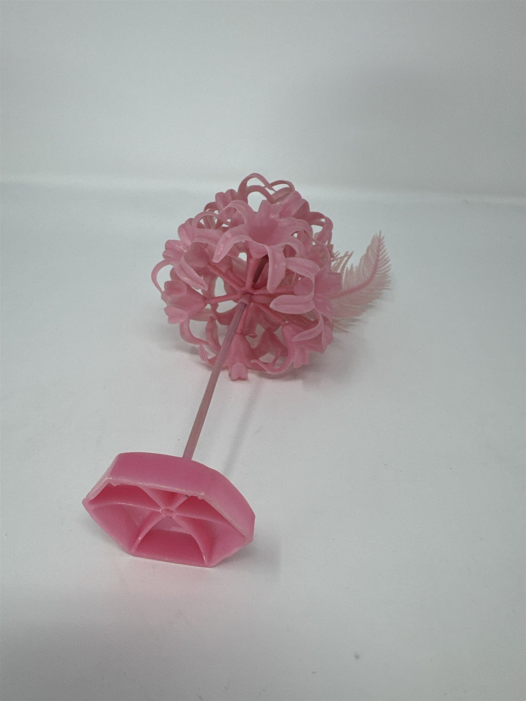 Vtg Hong Kong Style Pink Plastic Flower Tree Feather Bird Ornament MCM Kitschy