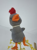 Vtg Grey Flocked Duckling Floral Pick Pearl Necklace Red Hat MCM Big Eye