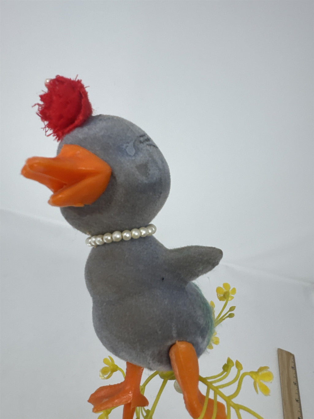 Vtg Grey Flocked Duckling Floral Pick Pearl Necklace Red Hat MCM Big Eye