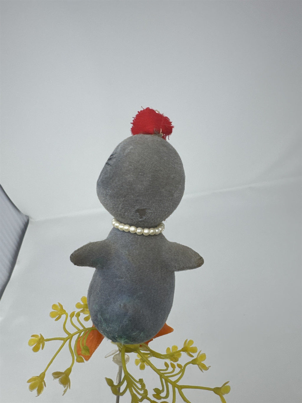 Vtg Grey Flocked Duckling Floral Pick Pearl Necklace Red Hat MCM Big Eye