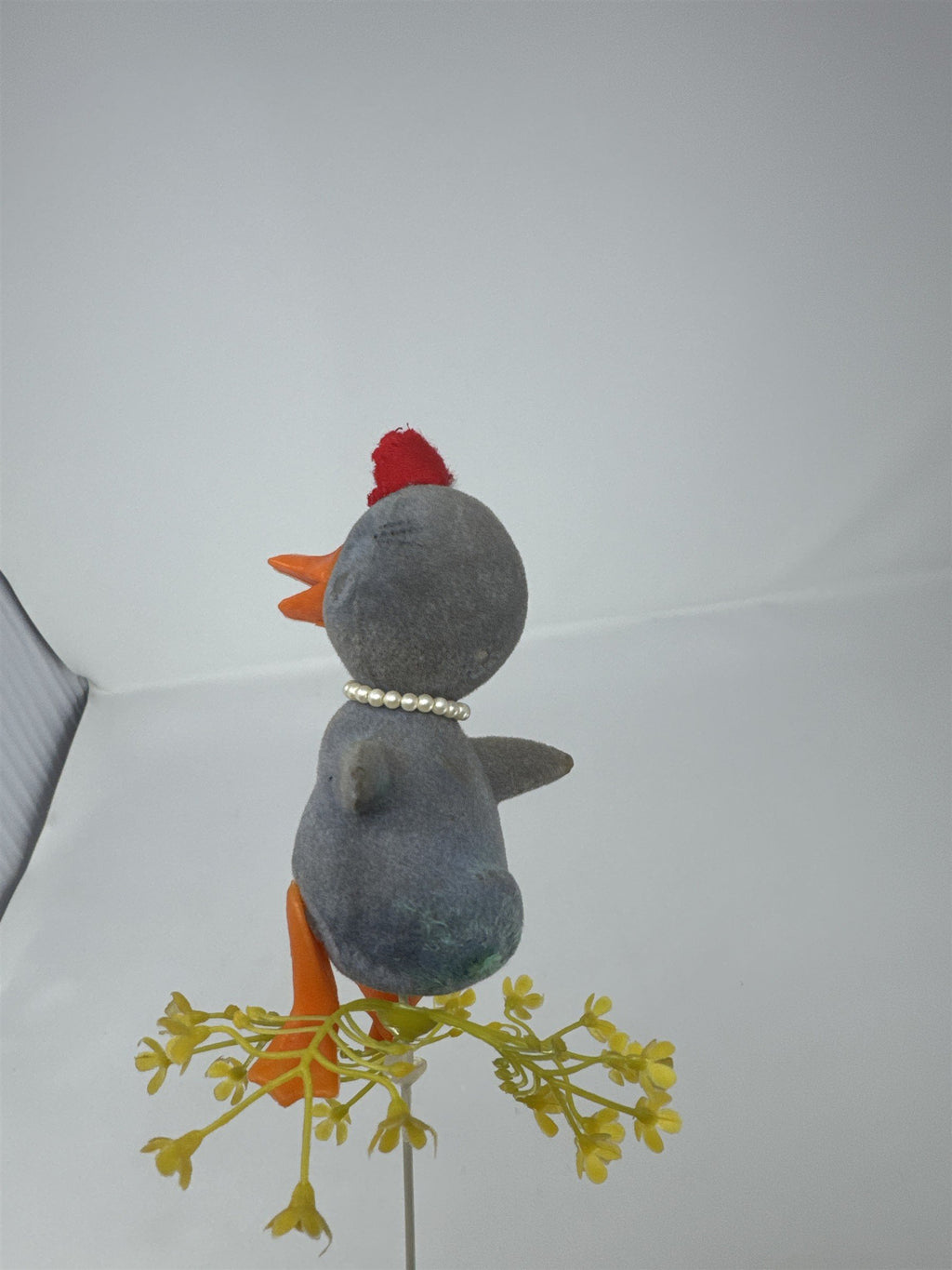 Vtg Grey Flocked Duckling Floral Pick Pearl Necklace Red Hat MCM Big Eye