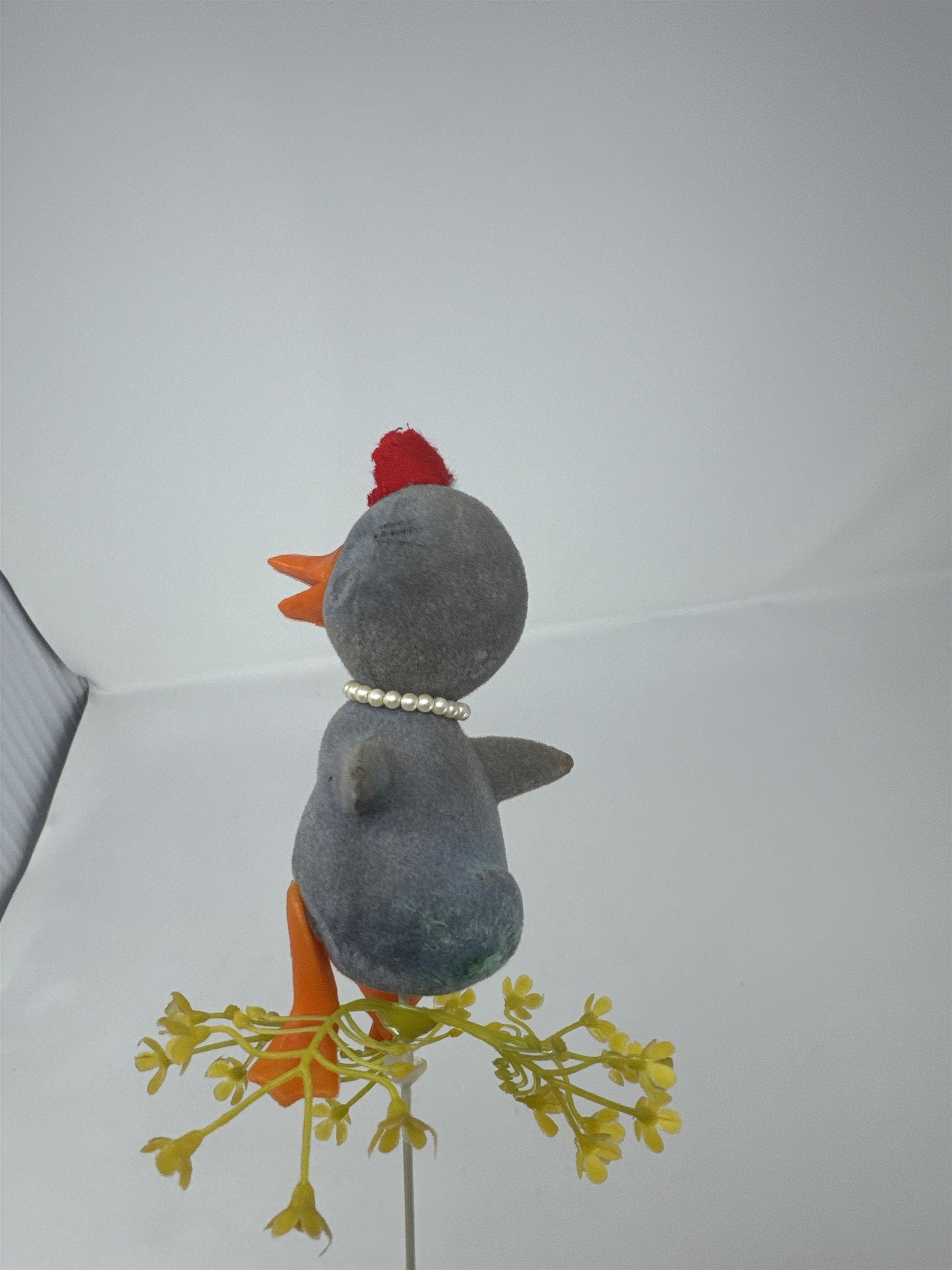 Vtg Grey Flocked Duckling Floral Pick Pearl Necklace Red Hat MCM Big Eye