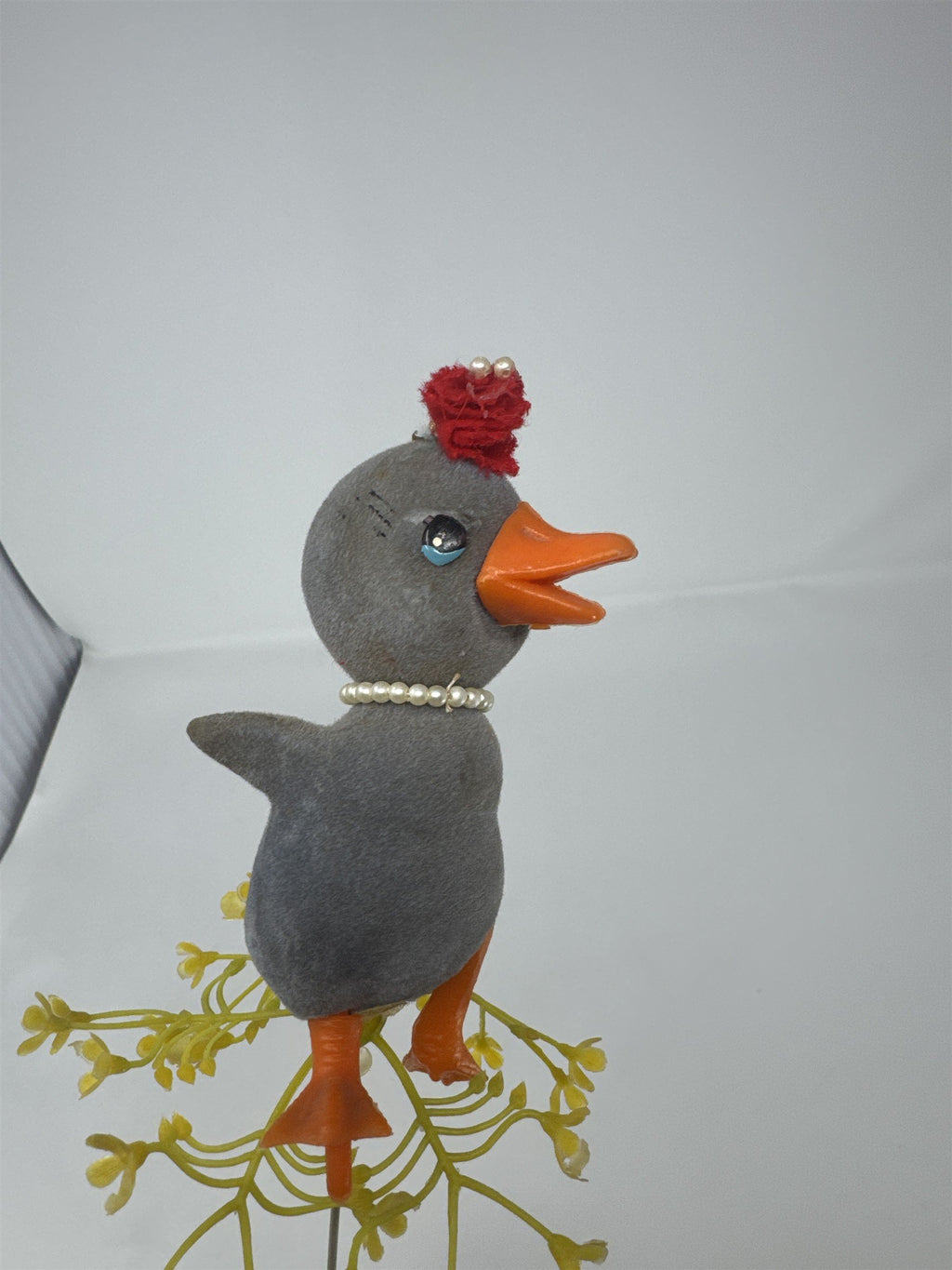 Vtg Grey Flocked Duckling Floral Pick Pearl Necklace Red Hat MCM Big Eye