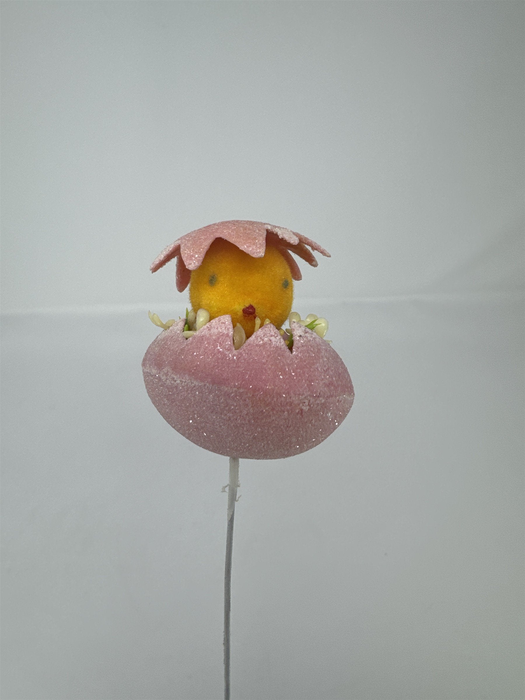 Vtg Easter Pink Sugared Egg Chick Floral Pick Flocked Chenille Ornament Spray 13