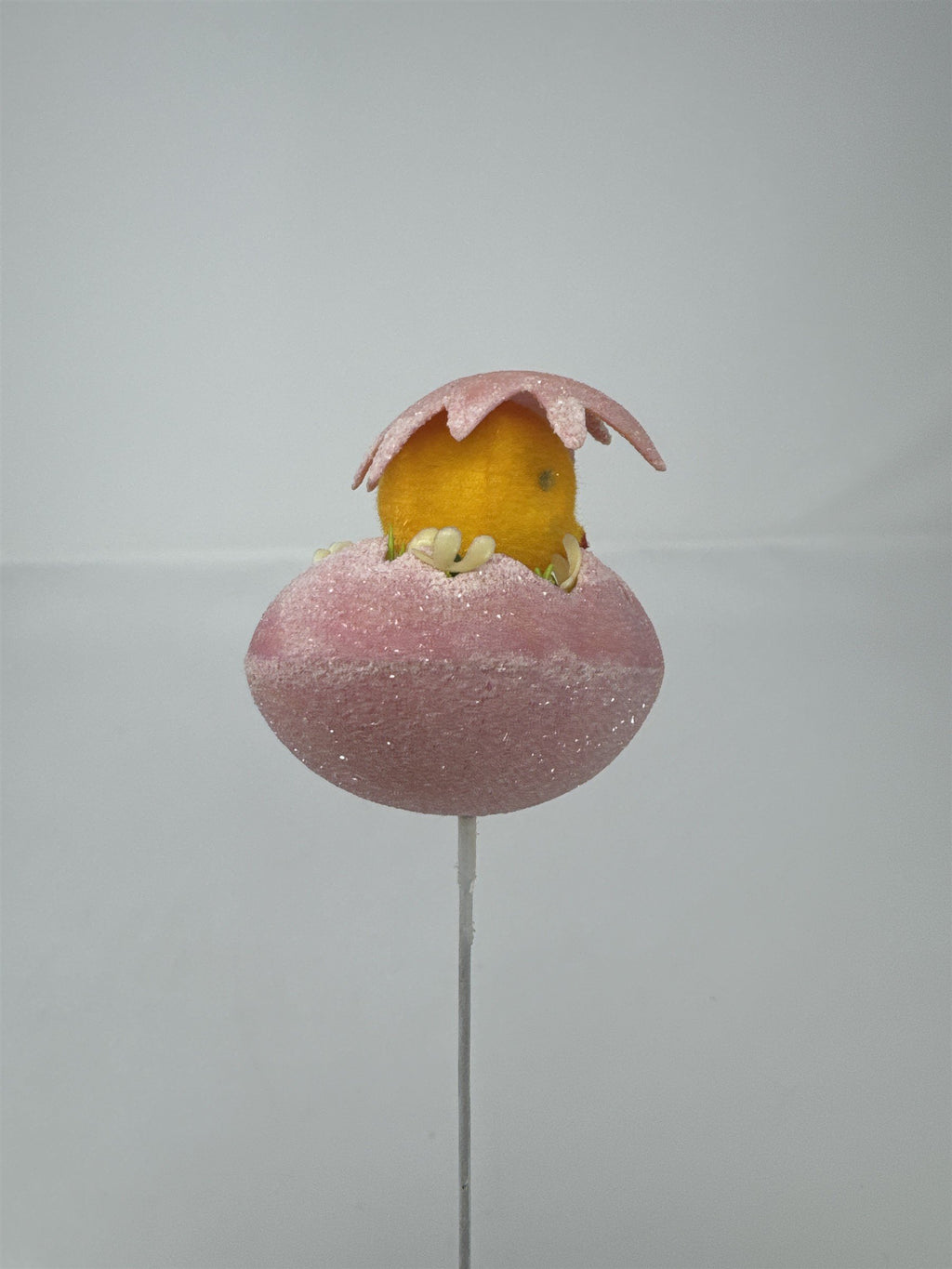 Vtg Easter Pink Sugared Egg Chick Floral Pick Flocked Chenille Ornament Spray 13