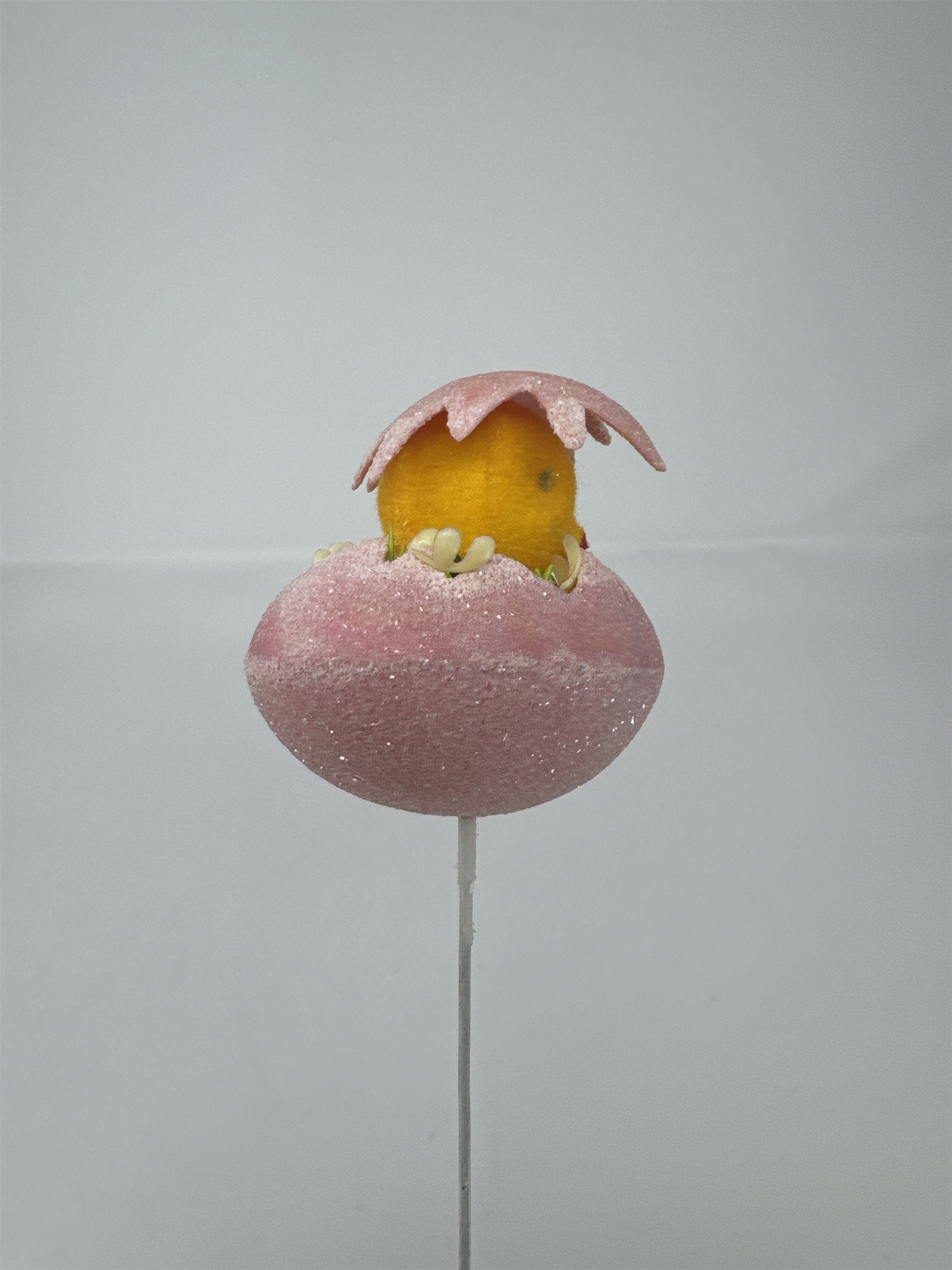 Vtg Easter Pink Sugared Egg Chick Floral Pick Flocked Chenille Ornament Spray 13