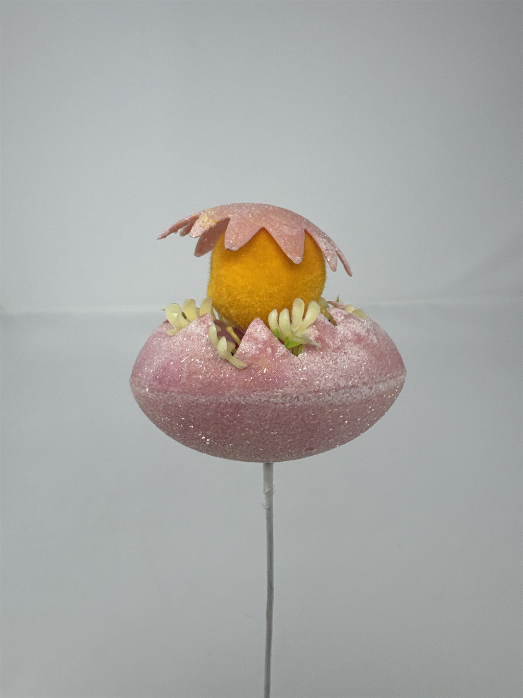 Vtg Easter Pink Sugared Egg Chick Floral Pick Flocked Chenille Ornament Spray 13