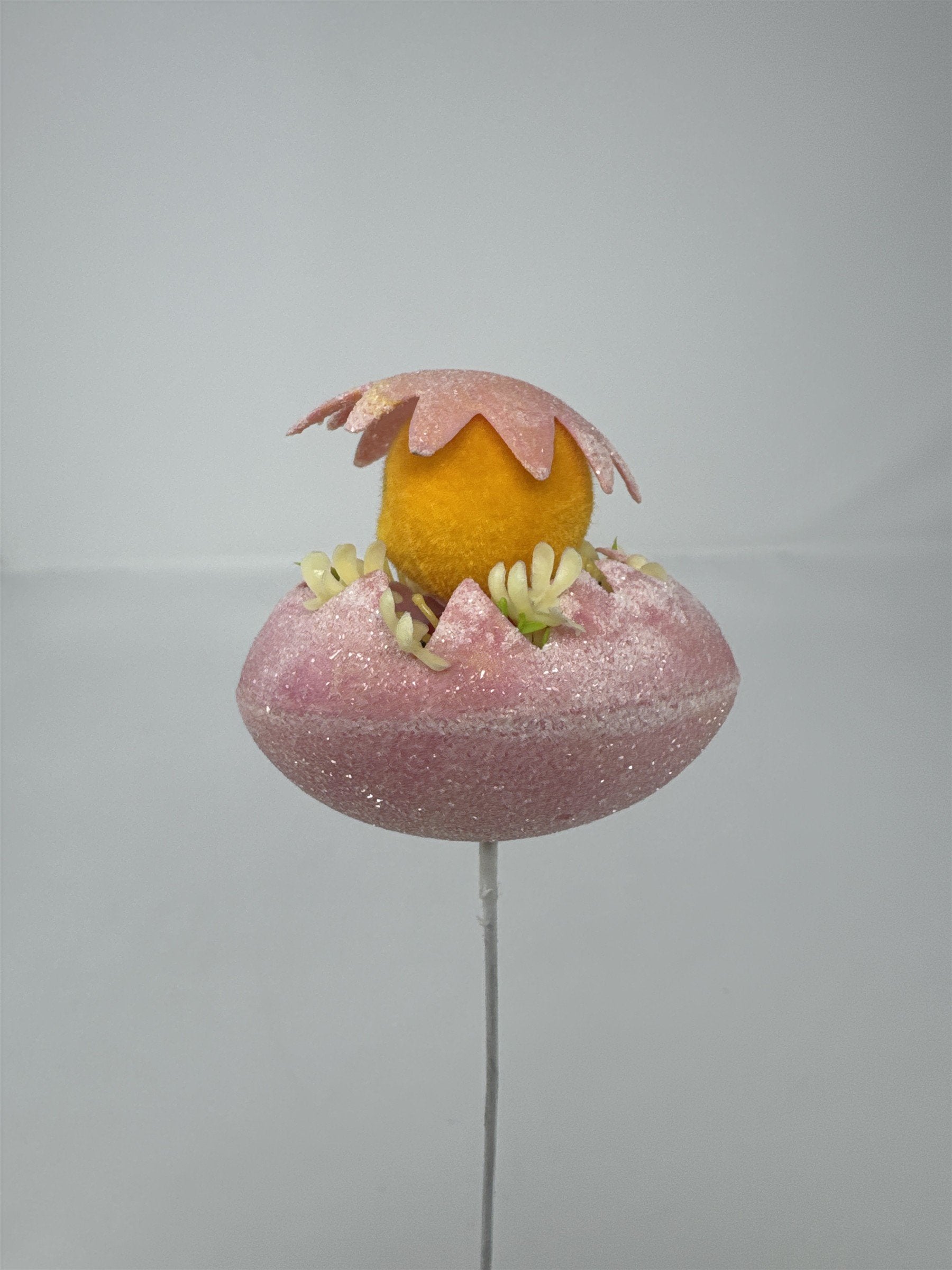 Vtg Easter Pink Sugared Egg Chick Floral Pick Flocked Chenille Ornament Spray 13