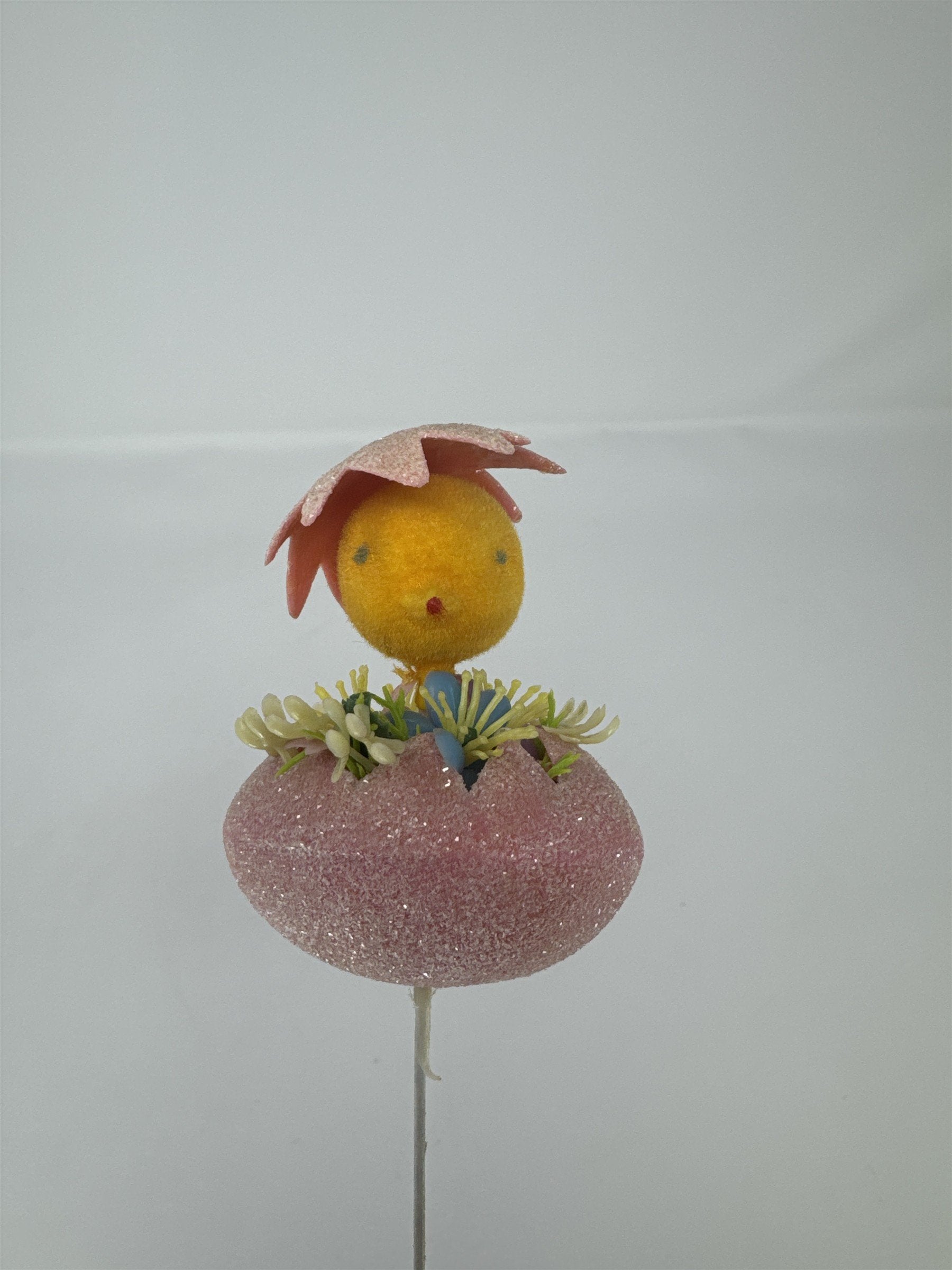Vtg Easter Pink Sugared Egg Chick Floral Pick Flocked Chenille Ornament Spray