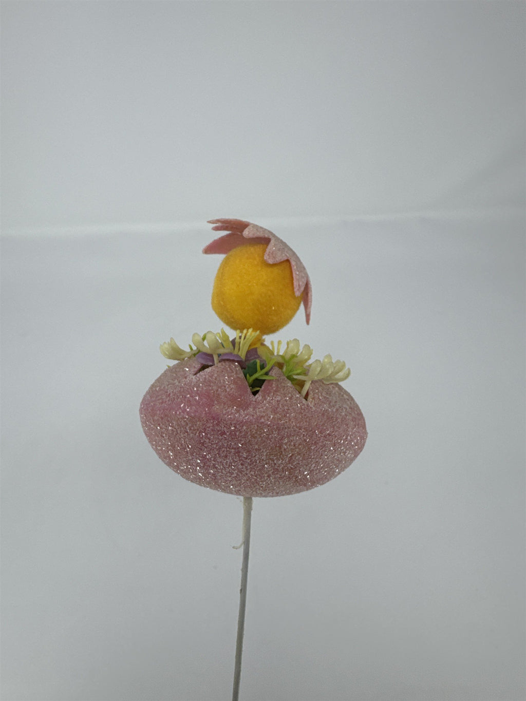 Vtg Easter Pink Sugared Egg Chick Floral Pick Flocked Chenille Ornament Spray