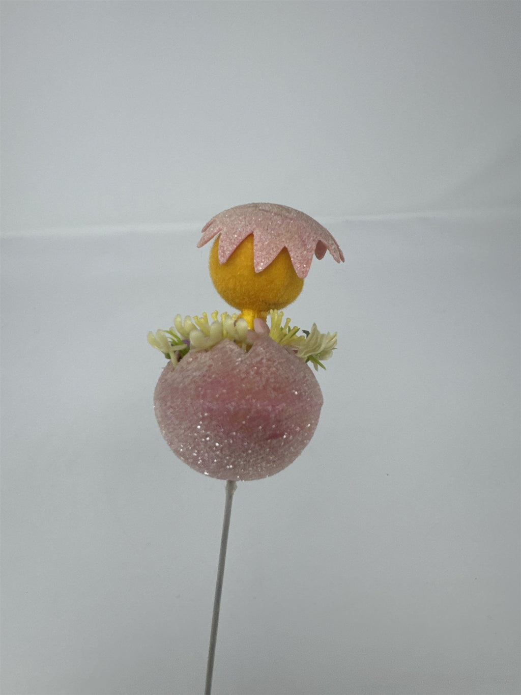 Vtg Easter Pink Sugared Egg Chick Floral Pick Flocked Chenille Ornament Spray