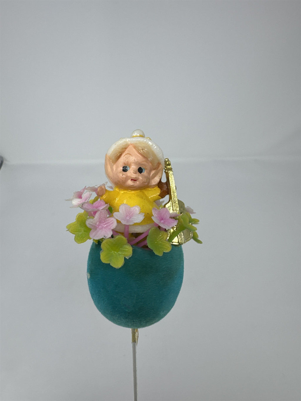 Vtg Easter Flocked Teal Egg Flower Pick Child Elf Figurine Playing Violin