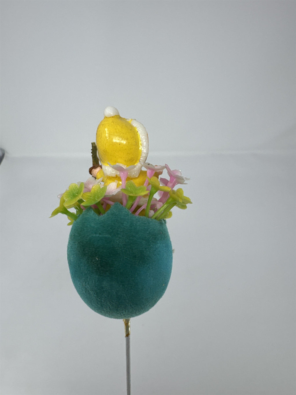 Vtg Easter Flocked Teal Egg Flower Pick Child Elf Figurine Playing Violin