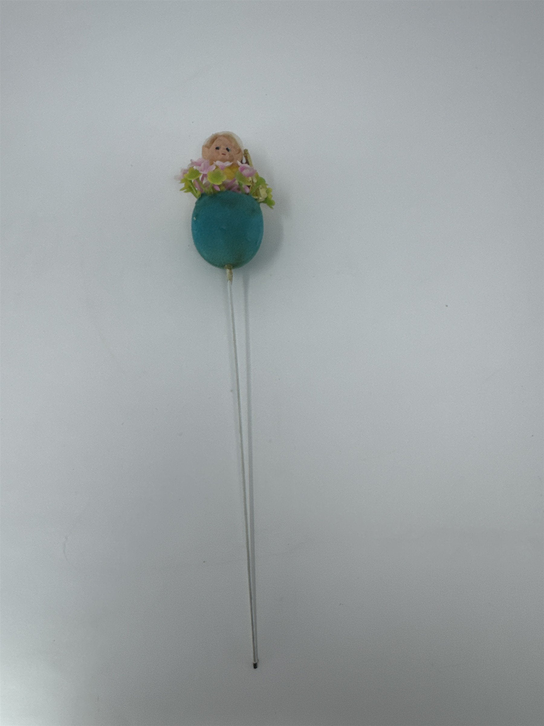 Vtg Easter Flocked Teal Egg Flower Pick Child Elf Figurine Playing Violin