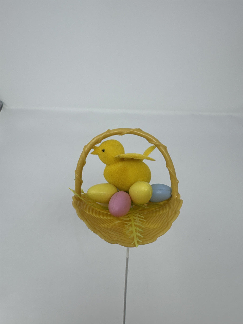 Vtg Easter Basket Chick Floral Pick Flocked Yellow Bird Plastic Eggs Spray 12"