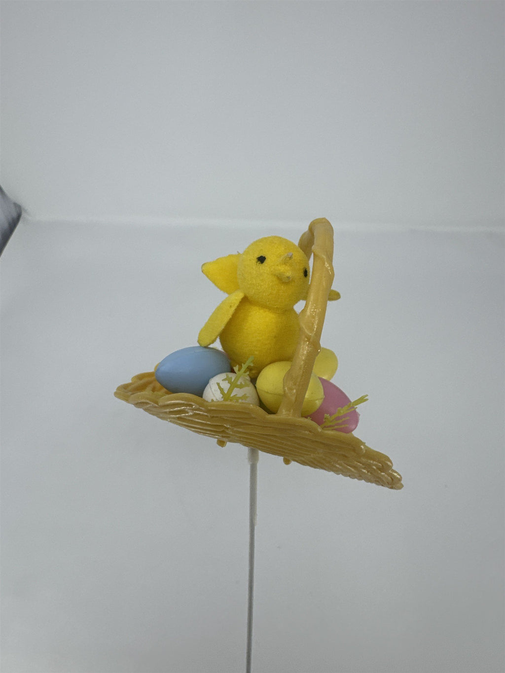 Vtg Easter Basket Chick Floral Pick Flocked Yellow Bird Plastic Eggs Spray 12"