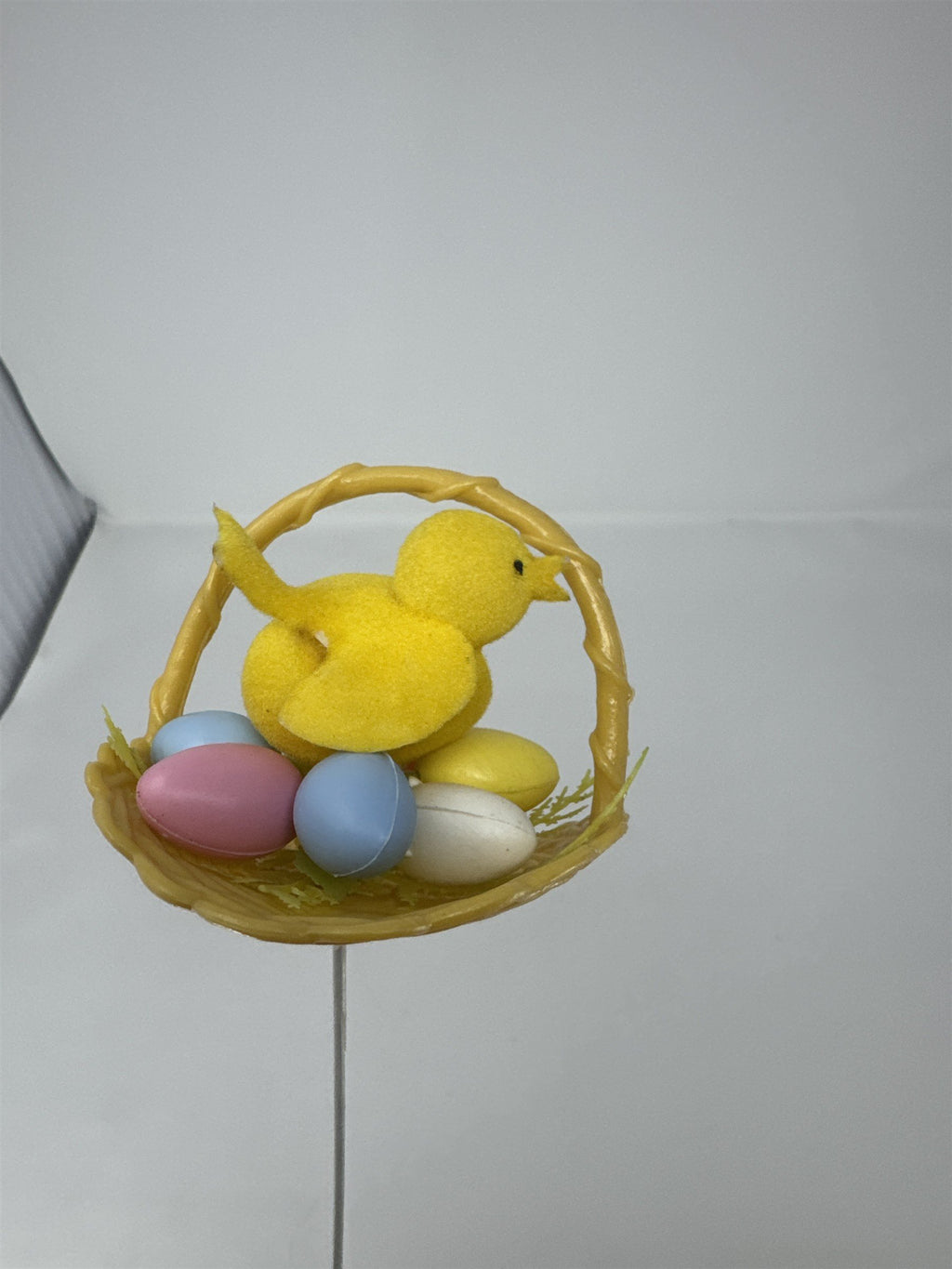 Vtg Easter Basket Chick Floral Pick Flocked Yellow Bird Plastic Eggs Spray 12"