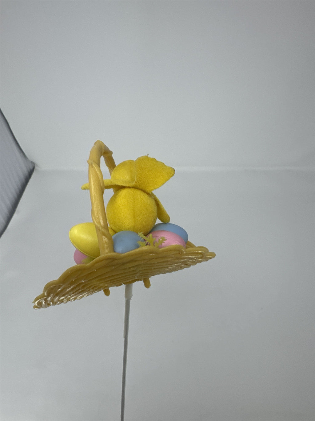 Vtg Easter Basket Chick Floral Pick Flocked Yellow Bird Plastic Eggs Spray 12"